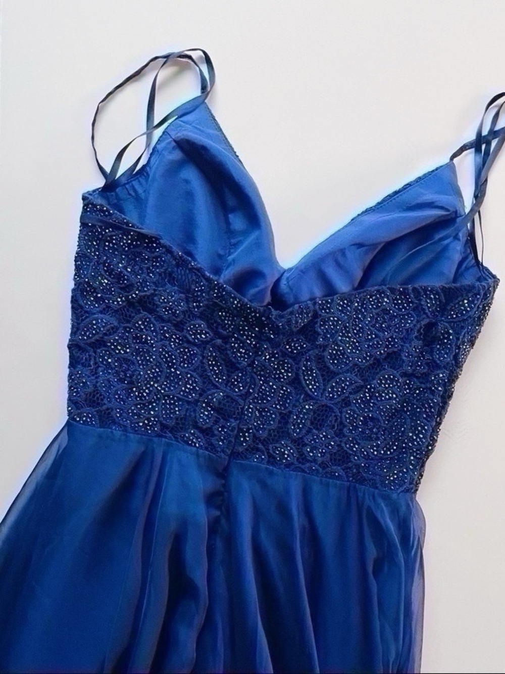 NEW La Femme Women’s Sparkle Lace Chiffon Gown Marine Blue 28664 - Picture 11 of 14